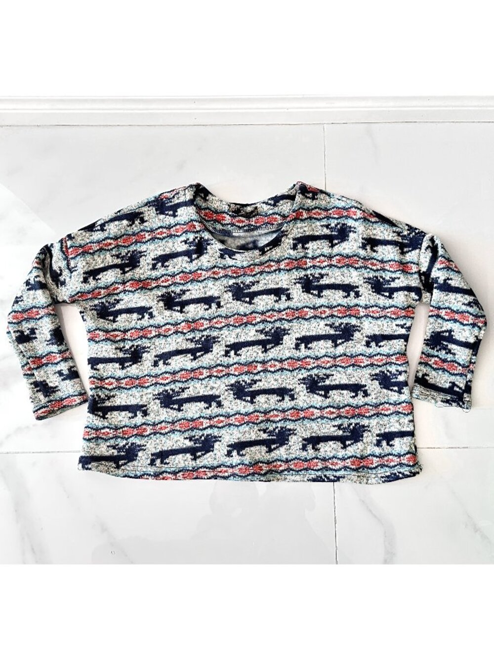 Vintage Reindeer Print Striped Holiday Sweater, Wide Boxy Fit Crew Neck Knit